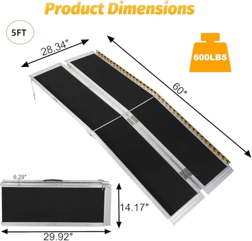 5 Feet Portable Wheelchair Ramp 600LBS Capacity Non-Skid Aluminum Handicap Ramps,Seamless Folding Threshold Ramp Wheel Chair Ramp for Doorways - size: 5 feet