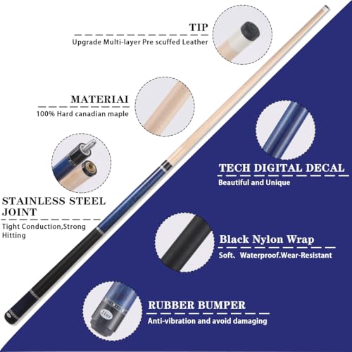 Canadian Maple Pool Cue Stick Set, 58 inch 18oz 19oz 20oz 21oz Billiard House Bar Pool Stick, 12.5mm Tip Billiard Cue for Beginner, Commercial and Home Entertainment - color: 12.5mm Blue with case
