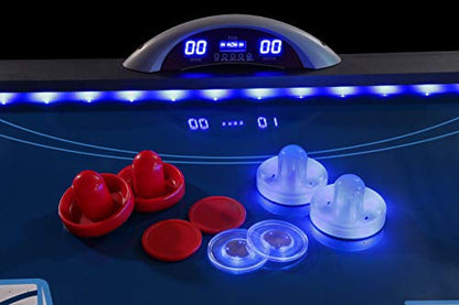 Atomic 90” Indiglo LED Light Up Air Hockey Table – Fully Illuminated Arcade Style Table with LED Scoring, Light Up Pucks & Pushers, in‑Rail Lighting and Music