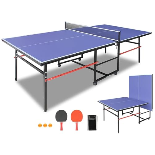 IUNNDS Portable Table Tennis Table 6/8/8.5/9FT Foldable Ping Pong Game Set for Indoor with Net and Post Set, 2 Paddles and 3 Balls - color: Blue-8FT