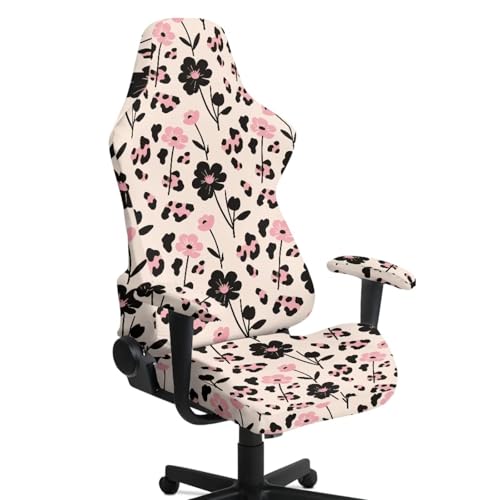 Flower Leopard Print Game Chair Cover with Armrest Covers Soft Comfy Breathable Computer & Gaming Chair Slipcover for Swivel Rotating Chairs, 4Pc/Set, Pink - color: Pink - Flower Leopard