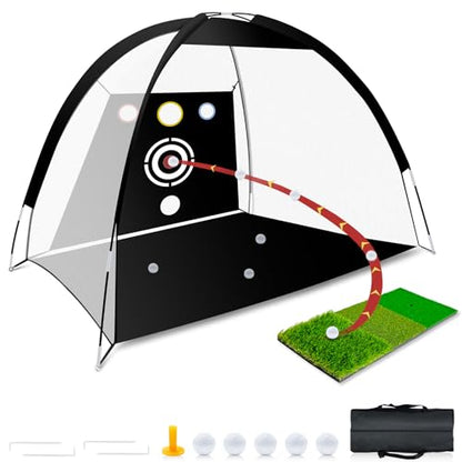 Golf Net - Upgraded All-in-One 10x7ft Golf Practice Net with 5 Real Balls, Tri-Turf Mat and Portable Bag, Durable Hitting Nets for Backyard Driving Swing Outdoor - style: Black/White