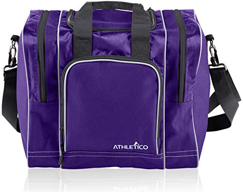 Athletico Bowling Bag for Single Ball - Single Ball Tote Bag With Padded Ball Holder - Fits a Single Pair of Bowling Shoes Up to Mens Size 14 - color: Purple