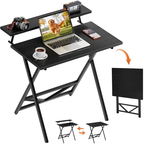 WOHOMO Folding Computer Desk with Adjustable Height, 23.6" x 31.5" x 25.6" Foldable Table with Monitor Stand, Small Office Desk for Bedroom, Space Saving Desk for Home Office, Easy Assemble, Black - color: Black