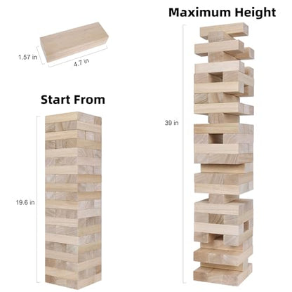 GOTHINK Giant Tumble Tower Game, Large Tumbling Tower Stacking to Over 3.2 FT 60pcs Wooden Jumbo Blocks for Outside Yard Games w/Carry Case Timber Stacking Game Night Toy Gift for Kids Adults Family - size: M-Over 3.2FT
