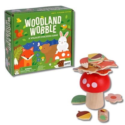 Petit Collage: Woodland Wobble | Wooden Stacking Game for Kids | Roll the Die and Stack the Objects on the Mushroom | Don't let the Tower Fall!| Great for Ages 4+
