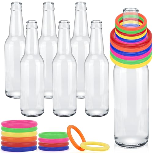 30 Pcs Ring Toss Game Carnival Game Set Include 24 Plastic Throw Rings and 6 Glass Bottles for All Occasions and Events, Summer Backyard Fun, Beach, Carnival Party Favor - color: Multicolor, size: 2.36"+1.57"
