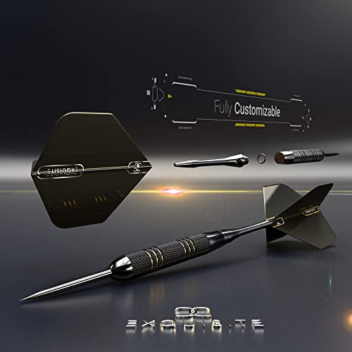 CC-Exquisite Darts Set | Professional 12 X 20/22g Metal Tip Darts | Steel Tip Darts with 24 Flights & 18 Aluminum shafts + Dart Tool, Rubber O-Rings - color: Gold & Black