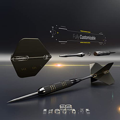 CC-Exquisite Darts Set | Professional 12 X 20/22g Metal Tip Darts | Steel Tip Darts with 24 Flights & 18 Aluminum shafts + Dart Tool, Rubber O-Rings - color: Gold & Black