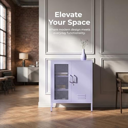 Accent Cabinet Locker, Lockable Storage Cabinet with Mesh & Metal Doors, 3-Tier Heavy Duty Steel Cabinet with 2 Adjustable Shelves, for Living Room, Home Office Purple 33"H x 29.5"W x 13.8"D - color: Lilac, style: Cabinet-33"H-SW