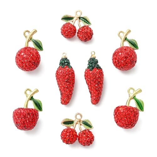 Stiesy Polymer Clay Rhinestone Fruit Charms 8Pcs, 4 Styles Golden Tone Red Crystal Beads Charms, 3D Cherry Apple Chili Pepper Pendants for Jewelry Making, DIY Bracelet Necklace Crafts - color: Red Fruit-4 Styles-8pcs