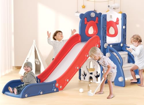 YUFU 7 in 1 Kids Slide for Toddlers, Toddler Slide Playset with Golf, Climber, Basketball Hoop and Ball, Indoor Outdoor Toddler Playground for Kids Age 1-3 (Blue Red) - color: Blue Red