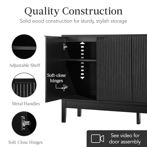 Best Choice Products 55" Modern 4-Door Sideboard Storage Cabinet, Buffet, Media Cabinet, Cupboard, Entryway Accent Table, Bookcase w/Reed Panels and Adjustable Shelves - Black - color: Black
