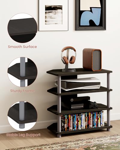 Game Console Stand, 4-Tier Small Entertainment Stand with Open Shelves, Media Center for Bedroom Dorm Living Room, Fits TV up to 32” - color: Espresso/Grey