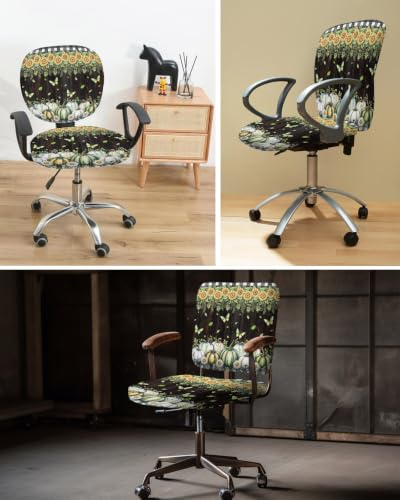 Savannan Office Chair Cover, Botanical Pumpkin Plant Flower Protective Stretch Elastic Universal Cover for Desk Task Chair,Computer Rotating Chair 1 Pcs Black White Plaid and Yellow