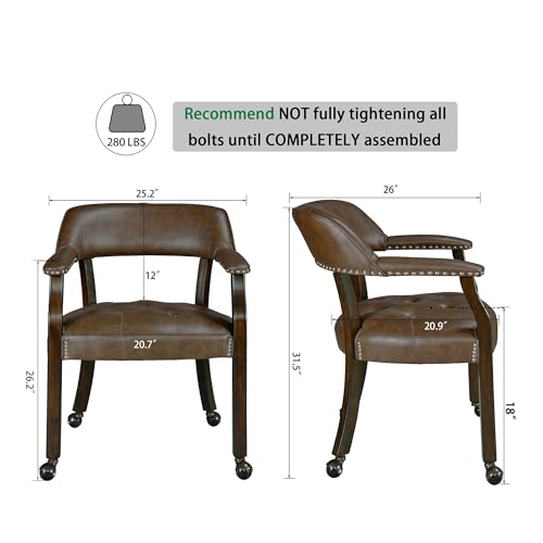 Set of 4 Dining Leather Chairs with Casters & Arms, Accent Captain Chair with Wheels, Roller Wood Wheeled Chairs for Kitchen & Game Poker Table,Espresso&Brown 1910BN(NO Table!) - color: Espresso&brown