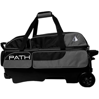 Pyramid Path Triple Premium Deluxe Roller Bowling Bag With Extra Large Separate Shoe Compartment (Up To US Mens Size 16) and 5 Accessory Pockets, 5" Wheels, Retractable Locking Handle - Extends to 42" - color: Black/Silver