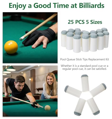 25Pcs Pool Cue Tips, 5 Sizes Billiard Cue Tips (9mm/10mm/11mm/12mm/13mm) Replacement Kit, Slip-on Design for Quick Installation, Durable Pool Table Accessories (5Pcs per Size)