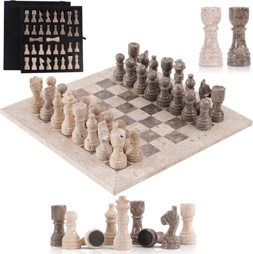 Marble Chess Set for Adults 12 Inch Handmade Travertine and Oceanic Chess Board Games with Storage Box, Travel Chess Game with 32 Chess Pieces & 2 Extra Queens, Gifts & Home Décor - color: Travertine and Oceanic
