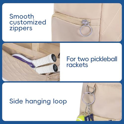 KAVIGOR Tennis Tote Bag with Shoe Compartment - Extra-Large Quilted Pickleball Bag Holds 2-4 Rackets, Water-Resistant & Lightweight for Men & Women - color: Khaki