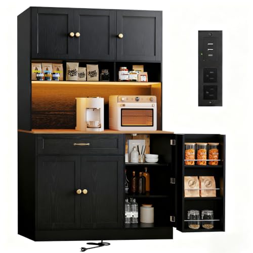FJTJBSI 72" Kitchen Pantry Cabinet with LED Light and Charging Station Tall Pantry Storage Cabinet with Adjustable Shelves and Door Shelves Modern Kitchen Hutch with Countertop Black - color: Black