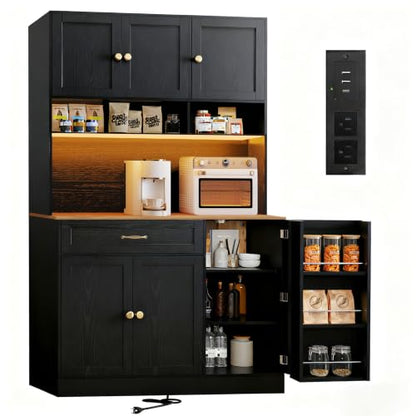 FJTJBSI 72" Kitchen Pantry Cabinet with LED Light and Charging Station Tall Pantry Storage Cabinet with Adjustable Shelves and Door Shelves Modern Kitchen Hutch with Countertop Black - color: Black