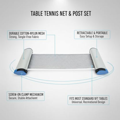Table Tennis Net and Post Set, Durable Nylon Mesh Replacement Kit with Screw-On Clamps for Standard 9ft Tables
