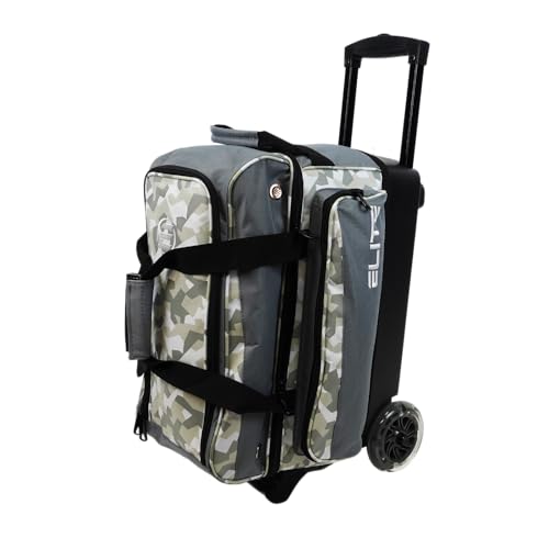 ELITE Deluxe 2 Ball Bowling Bag with 5" Smooth Wheels - Large Accessory Pocket, Shoe Compartment, 36" Extendable Handle - color: Grey Camo
