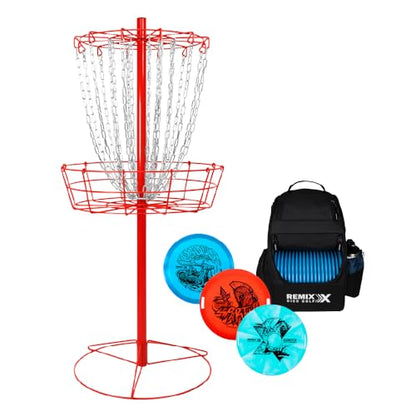 Remix Double Chain Red Disc Golf Basket with Deluxe Backpack and 3 Disc Set