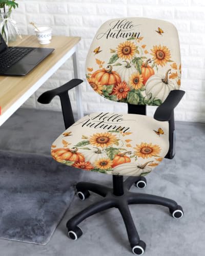 Savannan Office Chair Cover, Thanksgiving Pumpkin Watercolor Sunflower Protective Stretch Elastic Universal Cover for Desk Task Chair,Computer Rotating Chair 1 Pcs Hello Autumn Retro Linen