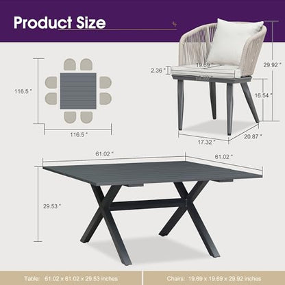 PURPLE LEAF 9 Pieces Outdoor Metal Furniture Set Patio Conversation Sets Dining Set, 1 Square Dining Table and 8 Modern Chairs with Cushions Seat Taupe - color: Taupe, size: 9 Pcs, style: Square