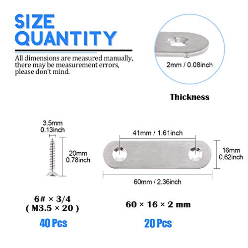 Glarks 20 Sets 60mm/2.4inch Stainless Steel Flat Straight Brace Brackets Mending Joining Plates Repair Fixing Bracket Connector and 40pcs Self Tapping Screws Set (60mm/2.4inch)