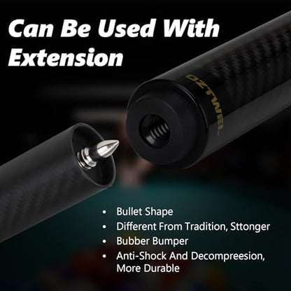 Carbon Fiber Pool Cue Stick, 12.4mm 8-Layer Tip Low Deflection Pool Cue Professional Pool Sticks for Adults with Pro Taper Cue Shaft 3/8 x 8 Joint Pin - color: Black with Extension