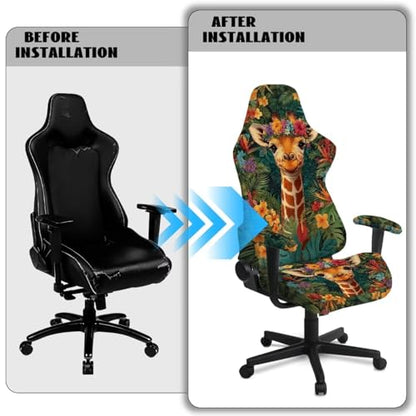 Giraffe Print Gaming Chair Cover with Armrest Covers Tropical Plants Print Stretchable Washable Computer Office Chair Seat Slipcovers Universal Fit for Desk/Swivel/Rotating Chairs Protector - color: Brown and Green - Giraffe Tropical Plants