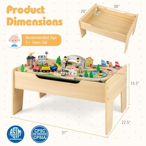 Costzon Train Table, 5 in 1 Kids Activity Wooden Set w/ 78 Pieces Railway Playset, Reversible Map Top, Blackboard, Building Bricks Station & Large Storage Space, Toddler Sensory Table for 18 M+ - size: 31" x 22.5" x 15.5" (L x W x H)