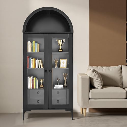 VEVOR Arched Kitchen Pantry Cabinet with Glass Doors, 70in Tall Curio Cabinet, 4-Tier Display Case with 2 Adjustable Shelves, Bookcase Bookshelf for Collectibles Storage Living Room Office - size: 70in