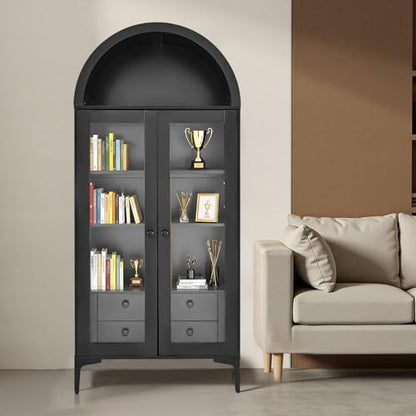 VEVOR Arched Kitchen Pantry Cabinet with Glass Doors, 70in Tall Curio Cabinet, 4-Tier Display Case with 2 Adjustable Shelves, Bookcase Bookshelf for Collectibles Storage Living Room Office - size: 70in