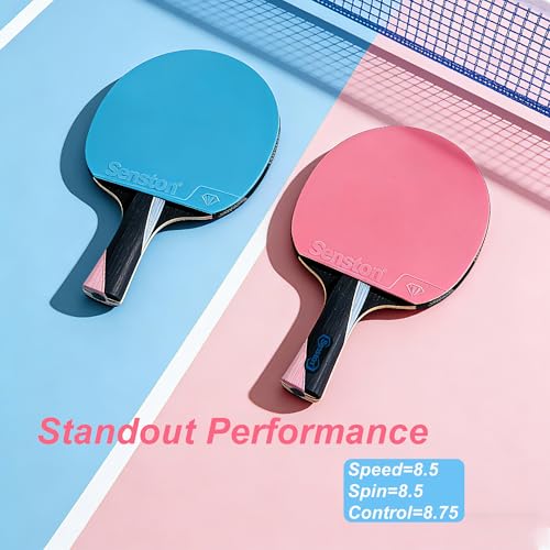 Senston 5-Ply Ping Pong Paddles Set – Premium Wood Table Tennis (Set of 2) with 3 Balls & Portable Carry Case – High-Control 2mm Sponge & Ergonomic Non-Slip Grip for Beginners & Family Play - color: Pink/Blue