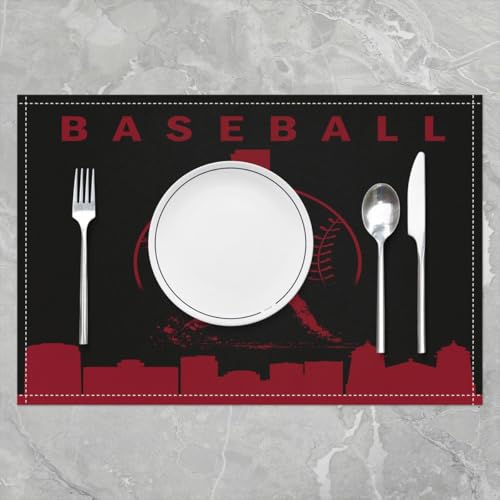 Erosebridal Baseball Place Mat Set of 4 Softball Placement Mats Sports Games Placemats Athlete City Silhouette Table Mats for Kitchen Dining Table, Black Red - color: Black Red
