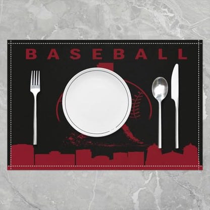 Erosebridal Baseball Place Mat Set of 4 Softball Placement Mats Sports Games Placemats Athlete City Silhouette Table Mats for Kitchen Dining Table, Black Red - color: Black Red
