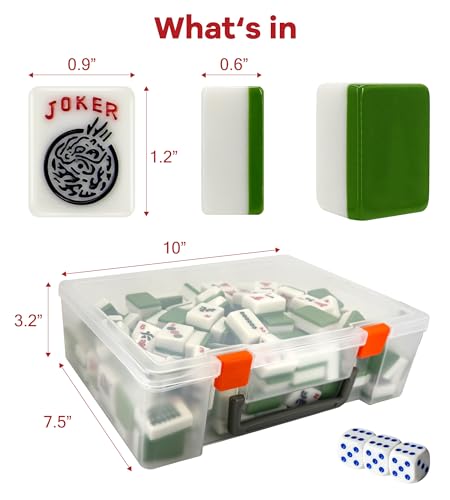 166 American Mahjong Tiles Only with Portable Carrying Storage Box & 3 Dice, 1.2" Mahjong Set for Party, Play with Friends Family (Green) - color: Green