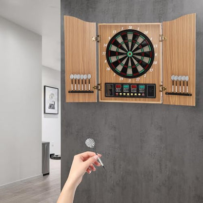 Electronic Dart Machine, Wall-Mounted Decorative Dart Board Cabinet Set with 243 Games & 12 Soft Tip Darts Multiplayer Party Game Electronic Dart Board with LED for Family, Game Rooms