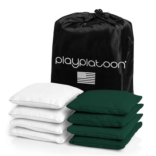 Play Platoon Premium Weather Resistant Duckcloth Cornhole Bags - Set of 8 Bean Bags for Corn Hole Game - Regulation Size & Weight - color: Hunter Green & White