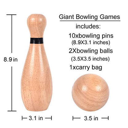Long game NI-ROU Outdoor Giant Lawn Bowling Games Rubber Wooden Lawn Set Fun Sports Games Outside or Indoor for Family Adults and Kids Backyard Skittles Carrying Bag with 10 Pins and 2 Balls - size: Large
