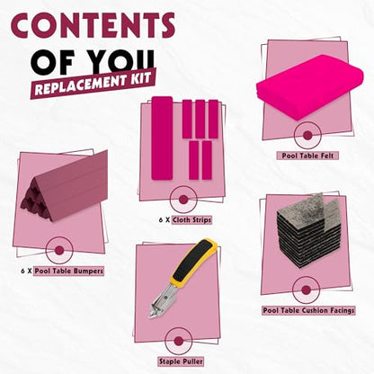 Pool Table Felt and Bumper Kit Felt for Billiard Cloth with Pool Table Bumpers and Cushions Facing, 6 Pcs Cloth Strips and Staple Remover - color: Hot Pink, size: 8.5FT Over Size + 48'' Bumpers