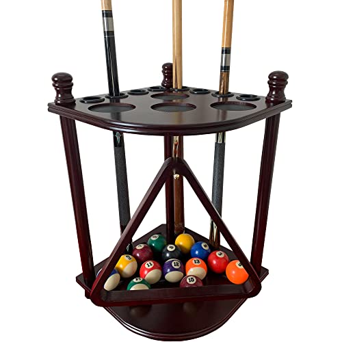 Pool Cue Rack Hold up to 8 Sticks & Billiard Accessories. Floor Stand Pool Cue Stick Holder Made of 100% Solid Hardwood.(Traditional Mahogany) - color: Traditional Mahogany