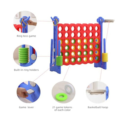 UNICOO Jumbo 4-in-a-Row Game Set, Height Adjustable Indoor Outdoor Yard Game with Basketball Hoop, Ring Toss & Carrying Bag, Family Party Lawn Game for Kids and Adults - color: Red & Blue