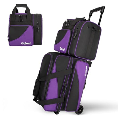 Goloni 3 Ball Bowling Bag with Wheels, 2+1 Double Roller Bowling Bag with Shoe Compartment,Tote Bag for Bowling Accessories - color: 3 Ball-Purple