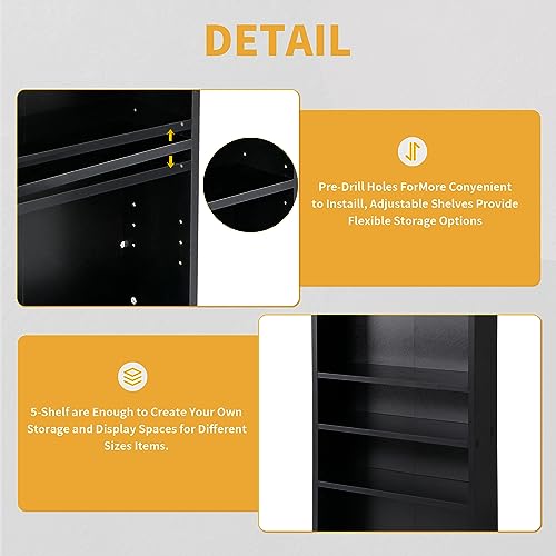 JupiterForce 5-Tier Adjustable Blue-Ray Cabinet CD Book Shelves Store & Organizer Video Games Arts Shelf Display Media Storage Furniture, Black