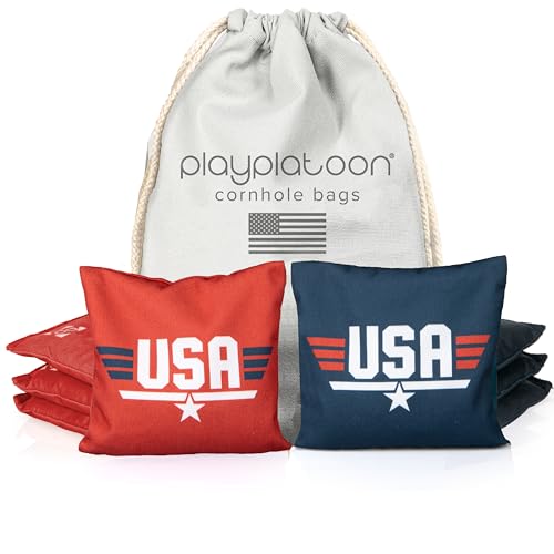 Professional Cornhole Bags - Set of 8 Regulation All Weather Double Sided - Sticky Side/Slick Side Bean Bags for Pro Corn Hole Game - color: Blue/Red USA Maverick
